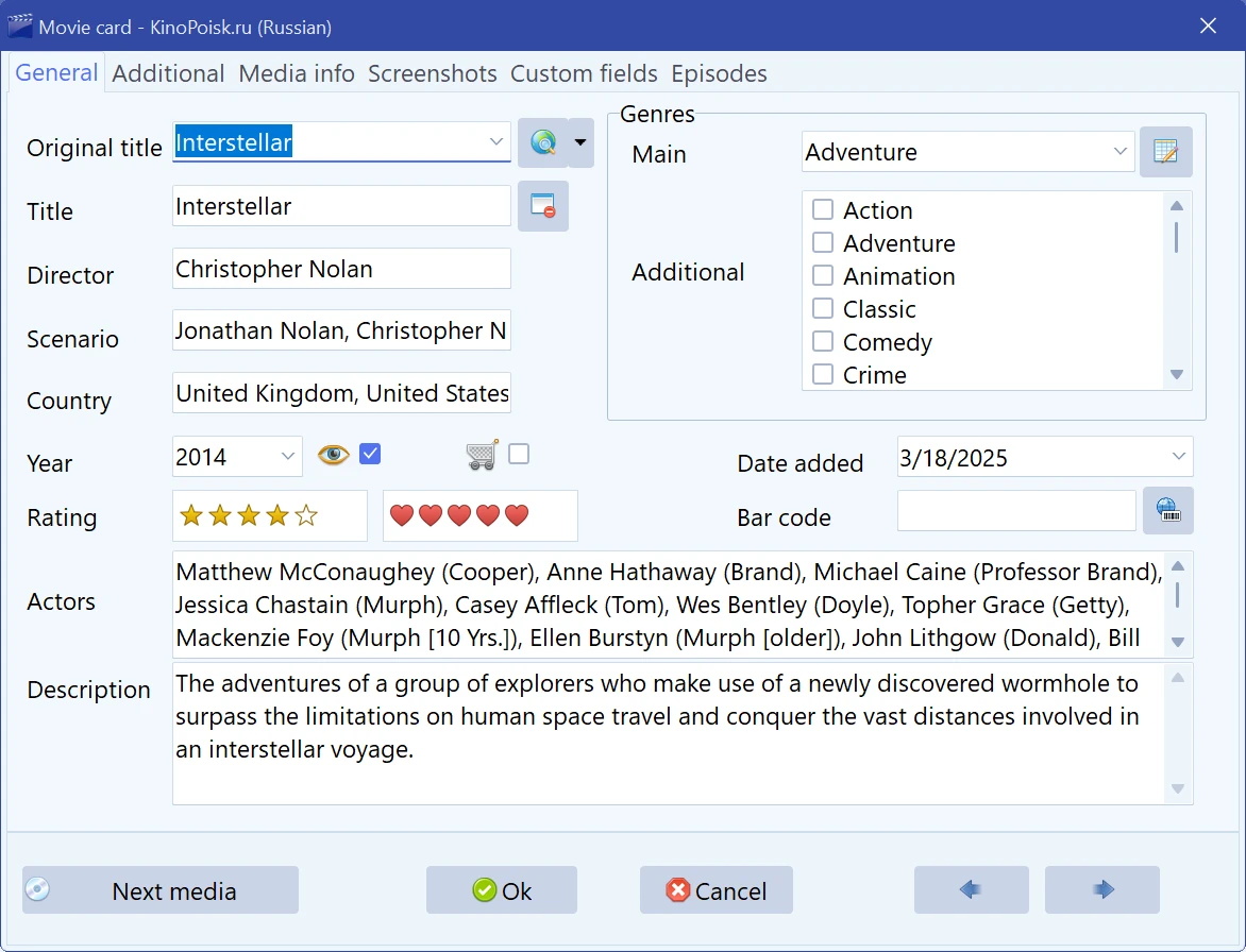 The movie card, General tab: title, year, country, director, cast, plot and rating