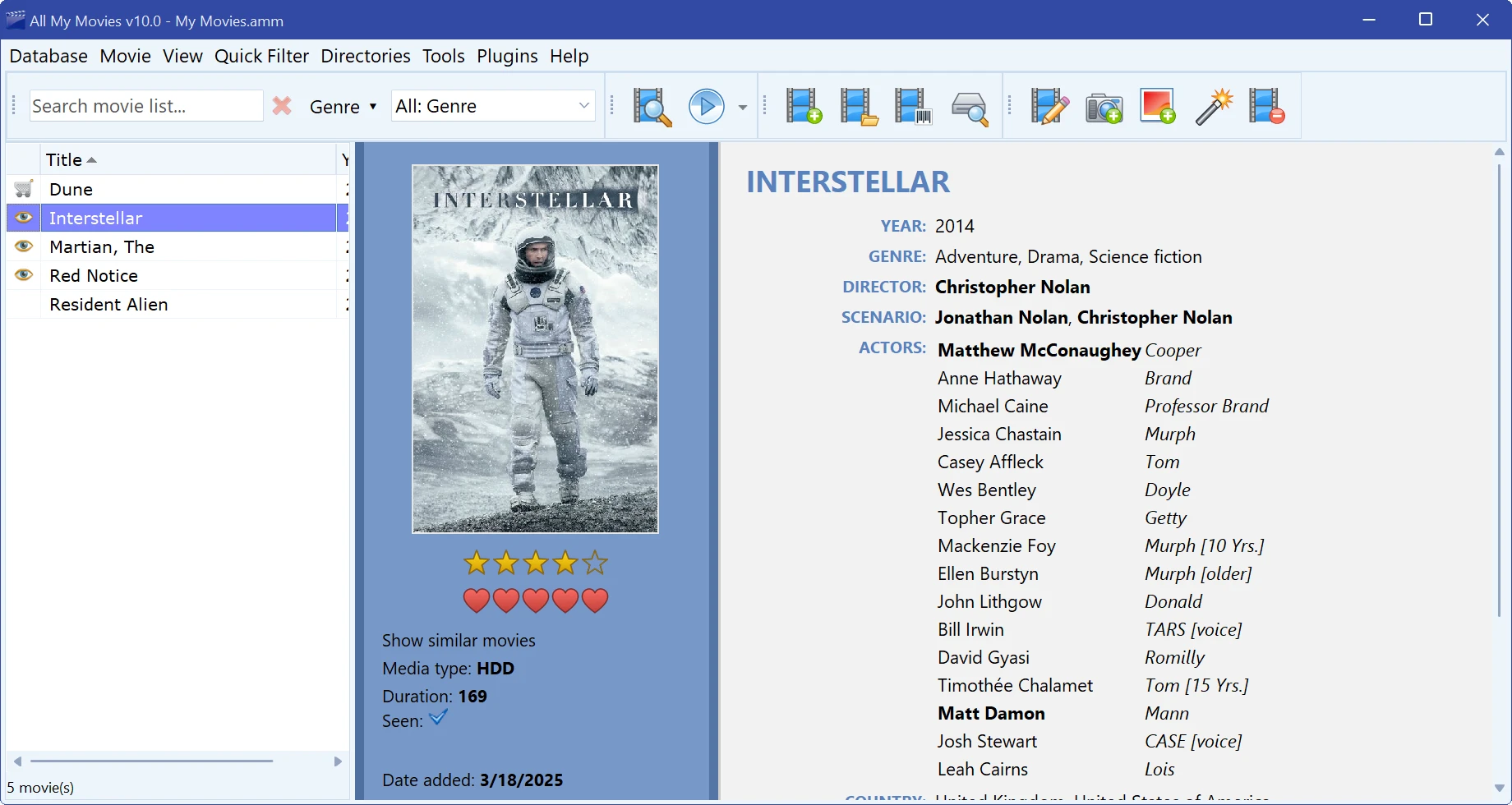 The main All My Movies window: movie list, poster and card