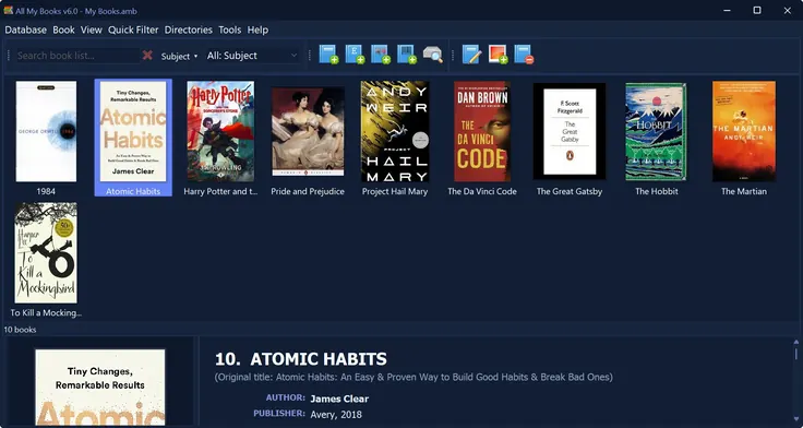 All My Books ebook manager: book covers in the dark theme with the selected book's details