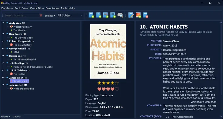 All My Books home library software in the dark theme: books grouped by author in a tree