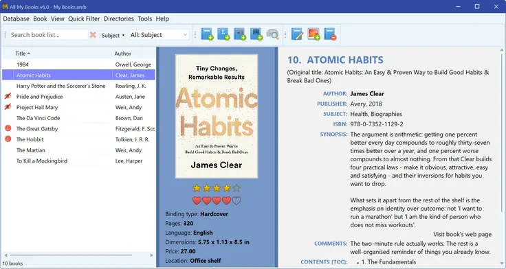 All My Books book catalog: a list of titles with the cover and details of the selected book