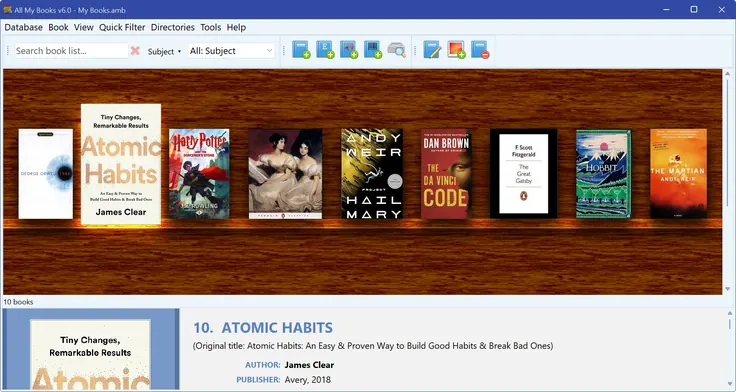 All My Books home library organizer: the virtual bookshelf with covers on a wooden shelf